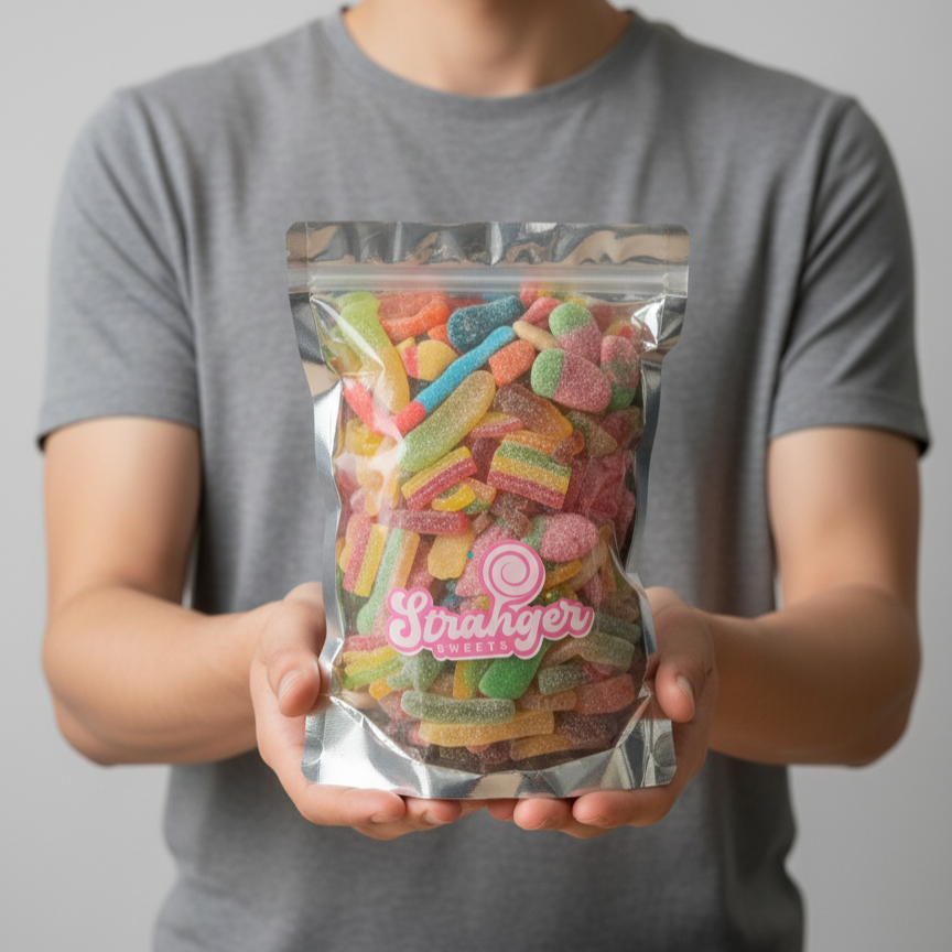 Candy Bag 1kg mostrato in mano - sacchetto caramelle gommose colorate forme assortite
