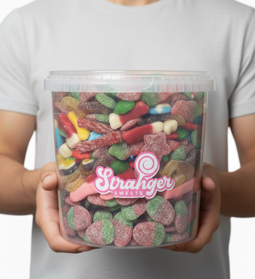 ersona che tiene candy bucket 3.5kg - secchiello trasparente caramelle gommose colorate mix personalizzato