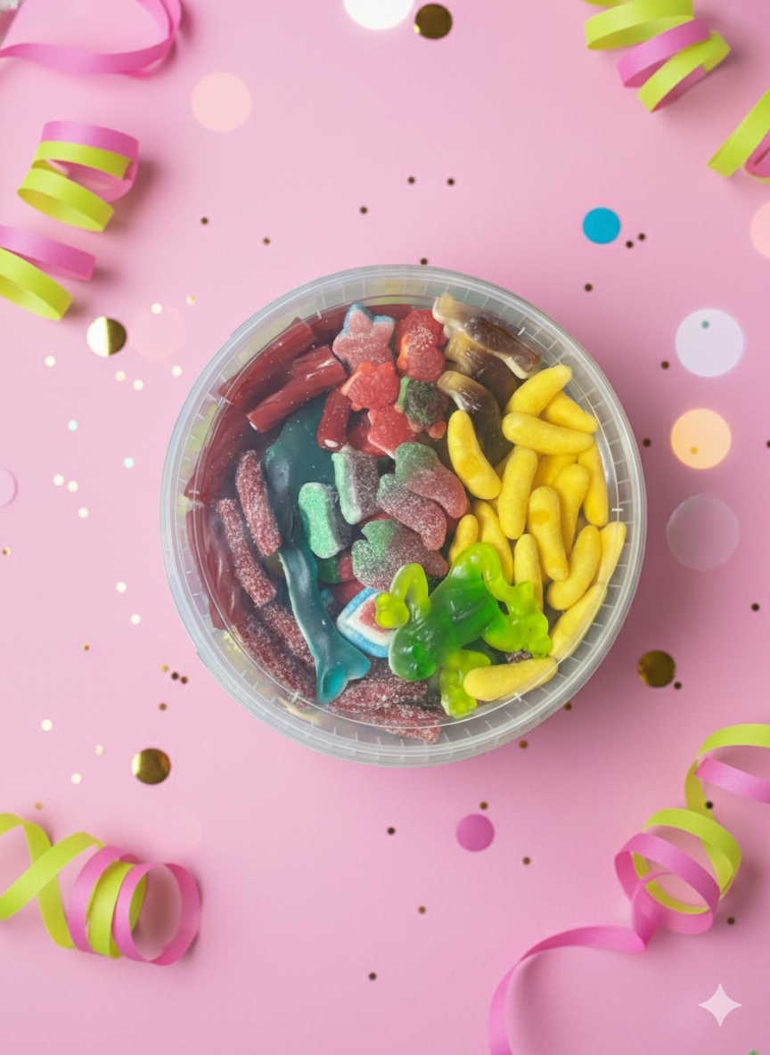 Secchiello caramelle gommose 3.5kg personalizzato - candy bucket trasparente con mix caramelle colorate assortite su sfondo rosa