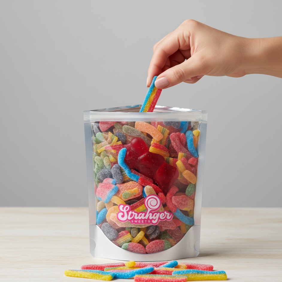 Mano che prende caramella da candy bag 1kg - sacchetto caramelle gommose colorate mix personalizzato
